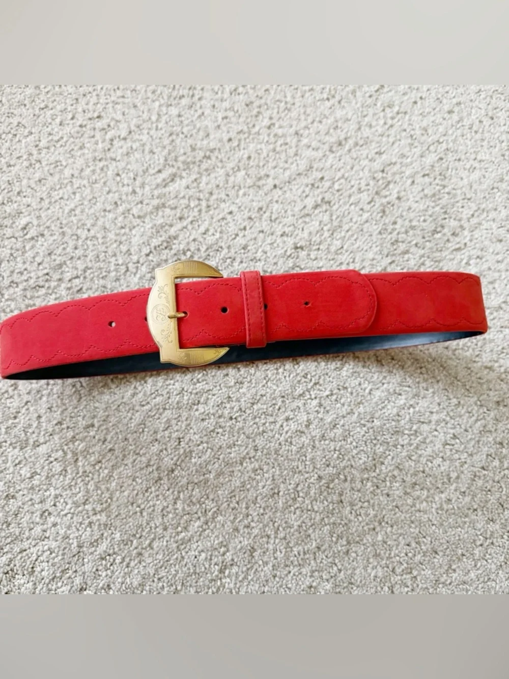 ECHO Burnt Red Suede Leather Belt Sz L Statement Classic Gold Western Career - Picture 2 of 8
